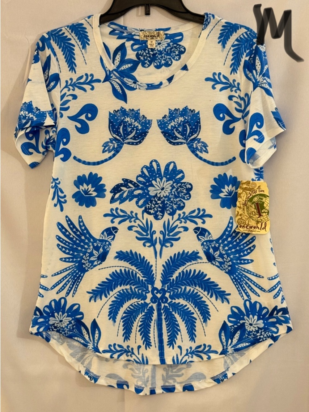 ONE WORLD White Tee with Bright Blue Floral & Bird Print